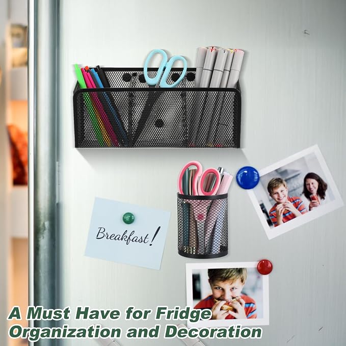 4 Pack Magnetic Pencil Holder for Whiteboard - Multi-Compartment Magnet Pen Holder Storage Basket Organizer for Locker, Refrigerator, Classroom & Office Supplies (Black)