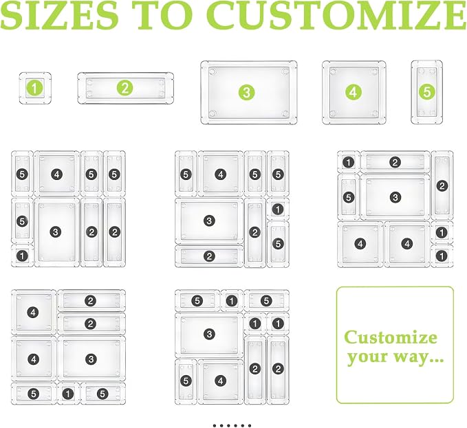 Clear Acrylic Drawer Organizer Trays, 5 Size Junk Box Organization Small Storage Container Bin for Desk Makeup Bathroom Vanity Kitchen Tool Make Up Workspace Home Dorm Apartment Office Room Nightstand