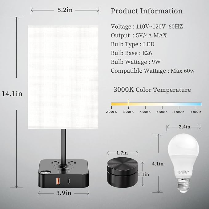 cozoo Bedside Table Lamp for Bedroom, 3 Way Dimmable & Remote Control Stepless Dimming Touch Nightstand Lamp, 2 USB Ports and 2 AC Outlets, Small Desk Light for Living Room, Bed, Study, White