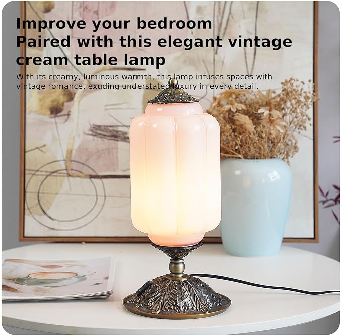 Vintage Touch Bedside Table Lamp, Elegant Green Glass Bedside Desk Lamp 3 Way Dimmable with USB C+A Charging Ports - Bedroom Nightstand & Living Room Essential (Pink, 6.5)