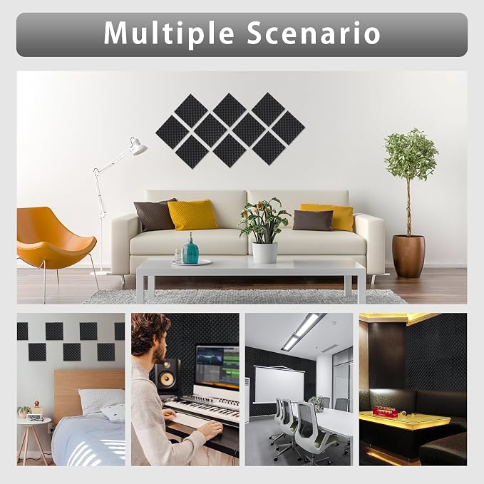 SD SODOCT 24 Pack Self-Adhesive 12" X 12" X 1.2" Egg Crate Soundproof Wall Panels for Studio, Room Acoustic Treatment Foam, Sound Absorbing Foam Black