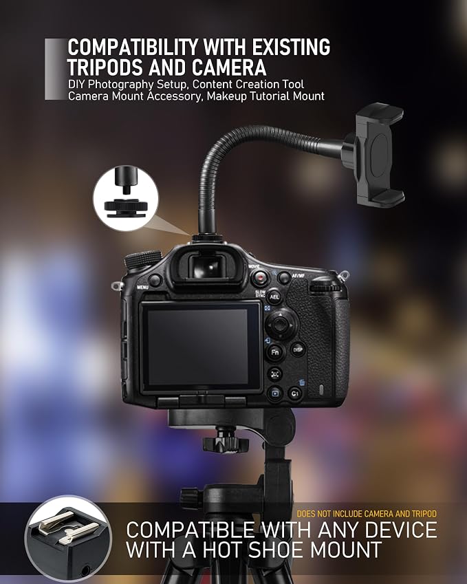 KHC1417 Ring Light Phone Holder with Flexible Heavy-Duty Gooseneck Arm – Adjustable Smartphone Mount with Hot Shoe Adapter for Tripods, Camera Mounts, iPhone & Android, 9-INCH