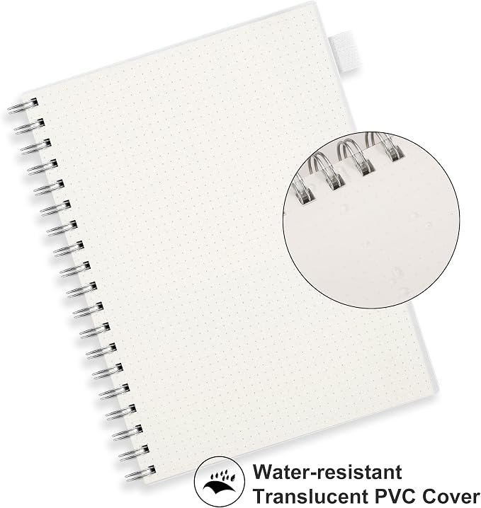 RETTACY Dotted Journal Notebook, 300 Pages, B5 Medium Size (7.4'' × 10''), 100 GSM Thick Paper, Flexible Plastic Cover, Spiral-bound, for Journaling, Planning, Tracking (Transparent)