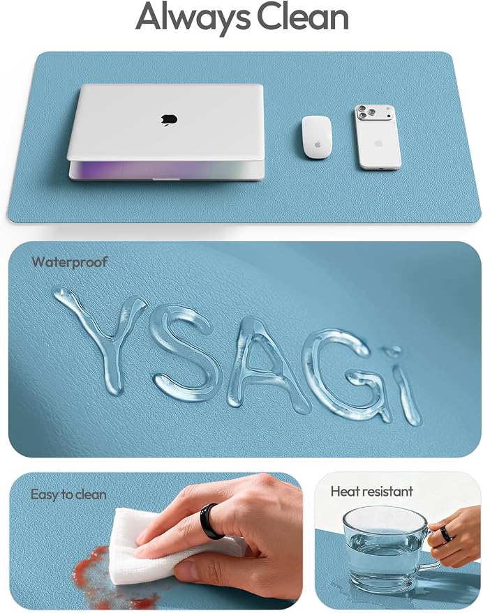 YSAGi Leather Desk Protector, Office Mat, Large Mouse Mat, Non-Slip PU Leather Blotter, Laptop Desk Mat, Waterproof Writing Pad for Office and Home(Sea Blue, 40" x 24")