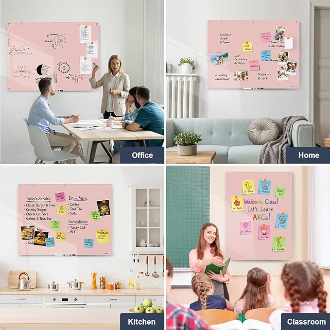 White Board Dry Erase, 48x36 Inches Magnetic Glass Whiteboard, Pink Frameless Glass Dry Erase Board for Wall Office Classroom School Home, 4x3 Feet Large White Board Wall Mounted