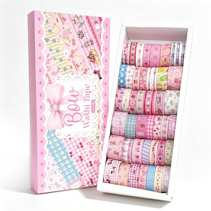 Bomichi Washi Tape Set - 42 Rolls Cute Pink Bow Decorative Tape for Bullet Journaling, Scrapbooking, Gift Wrapping, DIY, Greeting Cards, Planners, Party Supplies