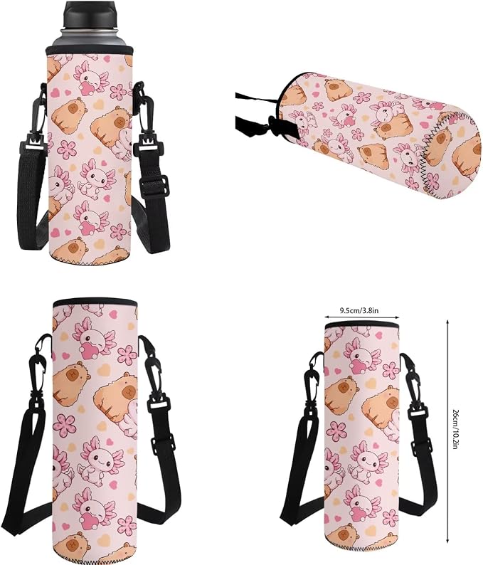 WELLFLYHOM Pink Capybara Axolotl Backpack Set for Girls Ages 8-12 | Full School Set with Insulated Lunch Box, Pencil Case and Water Bottle Holder, Suitable for Elementary and Junior Grades
