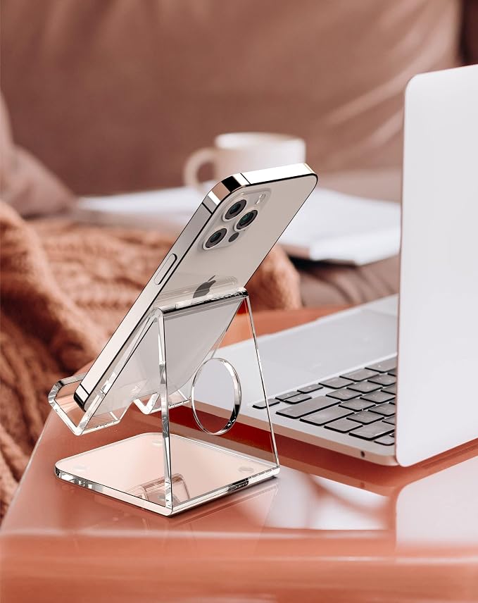 Acrylic Cell Phone Stand, Clear Phone Holder for Office Desk, Vanity, Kitchen, Bedside Table, Compatible with iPhone 17/Smartphones/iPad/Switch/Kindle, Office Desk Accessories