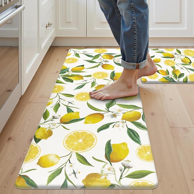 SHACOS Anti Fatigue Lemon Kitchen Mats for Floor 2 Pieces Set, Non Slip Cushioned Kitchen Rugs Set Standing Desk Mats and Runner Wipeable Waterproof Floor Mat for Home Office, 17"x27.5"+17"x59", White
