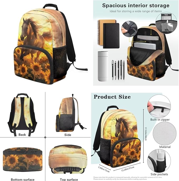 Ystardream Prancing Horse Backpack and Lunch Bag Set for Girls School Bags for Teens Kids Elementary Middle School Backpack Bookbag with Spacious Interior Storage for Both Travel and School Use
