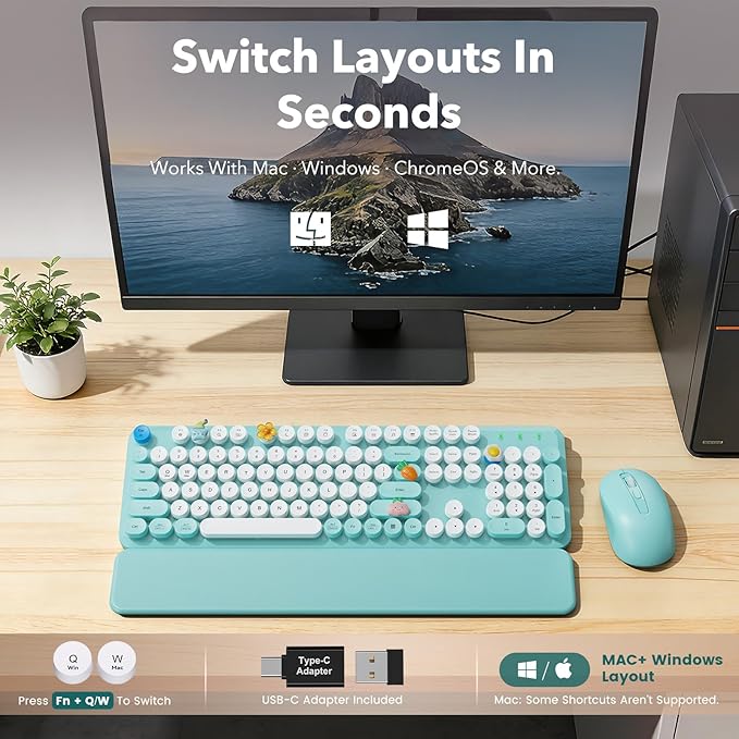 Wireless Keyboard and Mouse Combo, Full-Size Retro Typewriter Keyboard with Detachable Wrist Rest, Round Keycaps, Sleep Mode & Tilt Legs, 2.4GHz Cordless Connection for Windows/PC (Robin Egg Blue)