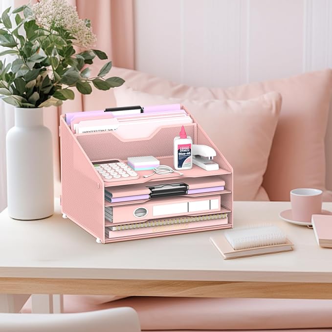 Desk File Organizer, 4 Letter Trays and 2 Upright Sections, Pink | Paper Organizer for Desk with Tiered Letter Trays and Vertical File Holders for Home Office, School and Workspace Use