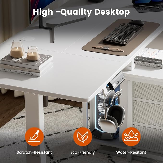 REAHOME 55 Inch White Electric Height Adjustable Standing Desk with Drawers | Dual Motor Sit-Stand Frame With 3 Memory Presets, Printer Cabinet, Hooks & Cable Management For Home Office Gaming Desk