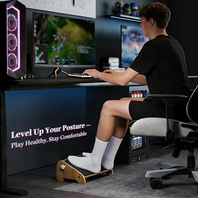 Foot Rest Under Desk, Bamboo Adjustable Footrest with 4 Angles, Ergonomic Foot Stool for Under Desk at Work, Office Non-Slip Desk Foot Rest with Massage Surface, Improves Posture
