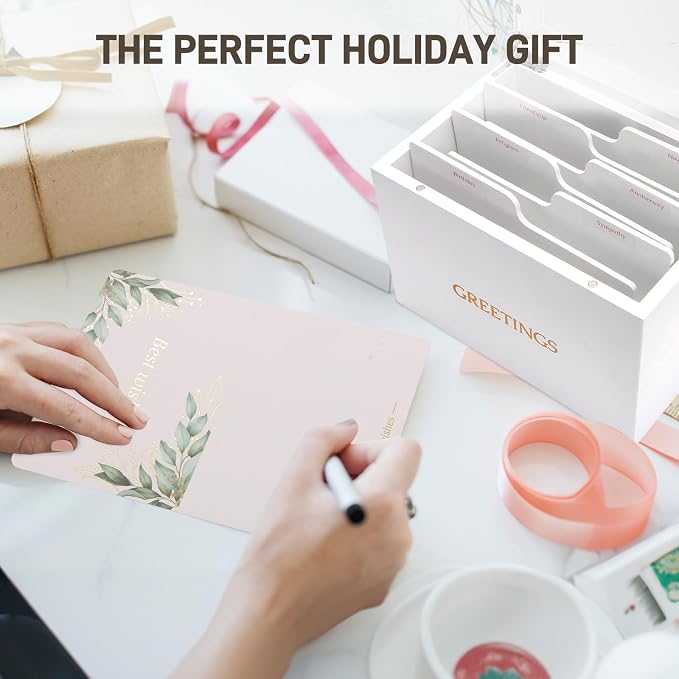 Large Bamboo Greeting Card Organizer Box with 6 Removable Dividers, Real Leather Handle, 100% Handmade Solid Bamboo, Storage Box for Christmas, Valentine, & Birthday Cards, Postcards, Stationery& More