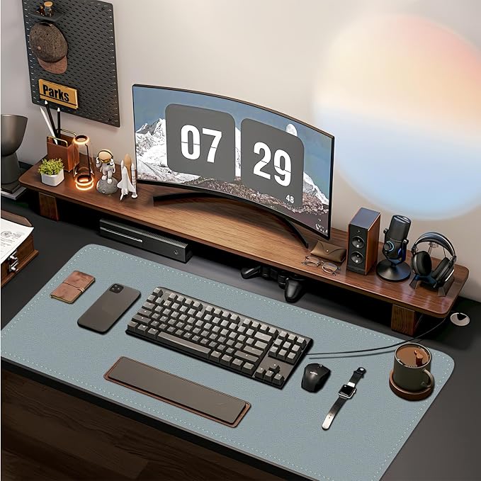 Bleswin Double-Sided Desk Mat, 23.6''×13.8'', PU Leather Mouse Pad, Waterproof Desk Pad, Laptop Leather Desk Mat, Protector for Keyboard and Mouse for Office and Home (Grey+Light Blue)