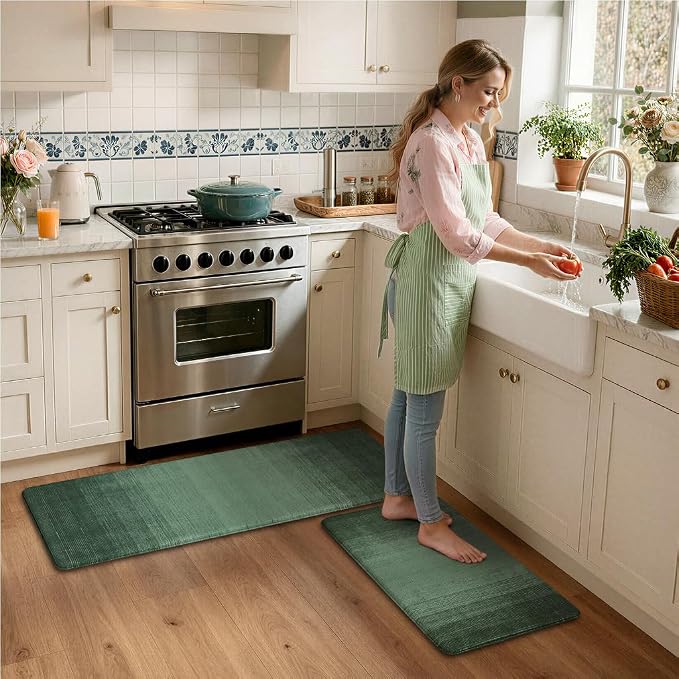 KIMODE Anti Fatigue Kitchen Mats for Floor,Farmhouse Kitchen Rugs Sets of 2 | Green Spring Kitchen Decor,Paded Kitchen Floor Mats,Memory Foam Standing Mat for Laundry Office Desk Dorm RV 17"x47"+17"x29"