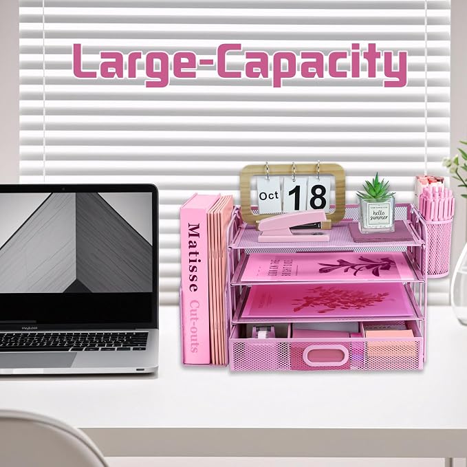 Desk Organizers and Accessories with File Holder, 4-Tier Paper Letter Tray Organiser with Drawer and 2 Pen Holder, Mesh Desktop Document Organizer for Office Supplies, Workspace - Pink