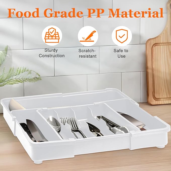 Silverware Drawer Organizer Tray, Adjustable Cutlery Storage for Kitchen, Expandable Flatware and Utensil Holder Divider for Spoons Forks Knives Tableware, 15 x 19, 4-7 Slots, Gray