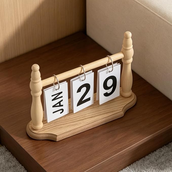 Wooden Perpetual Desk Calendar - Vintage Rustic Flip Calendar with Metal Rings & Reusable Daily Date Cards(Wooden)