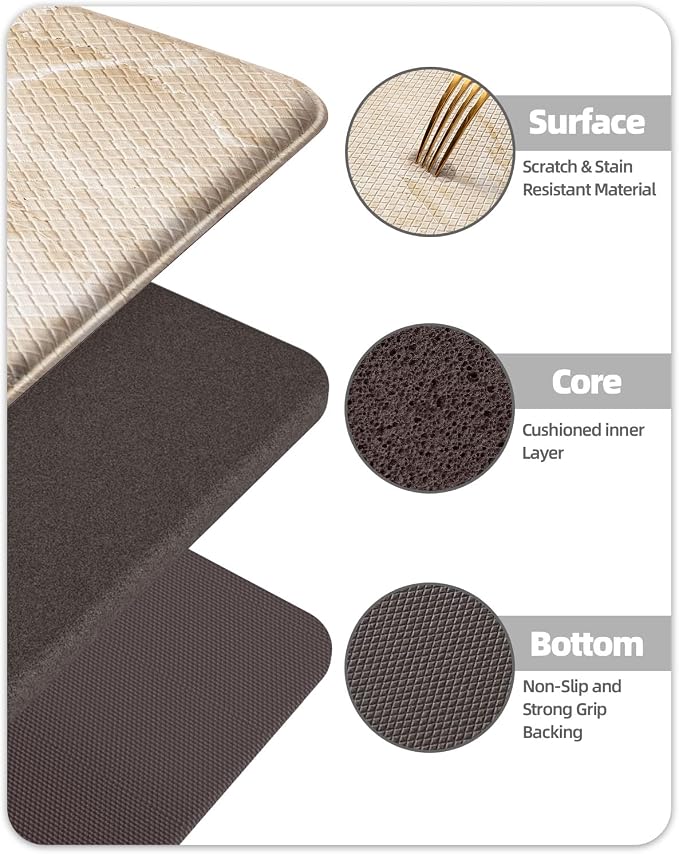 Color&Geometry Kitchen Mats for Floor 24x87 Cream/Beige Marble Design | Non Slip Kitchen Runner, Easy Clean, Oil/Water Proof, 0.4in Thick Antifatigue Standing Mat For Laundry/Office, Home Decor