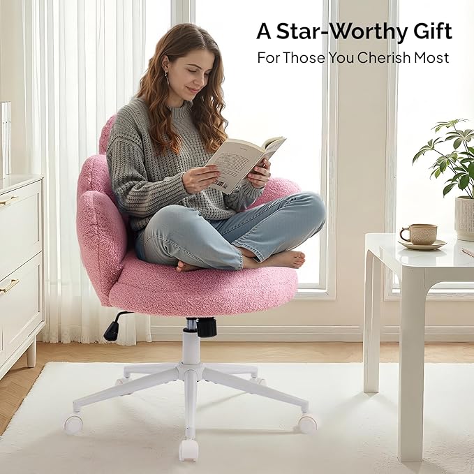 VINGLI Cute Petal Vanity Desk Chair with Star Pillow, Armless Swivel Chair in Vibrant Color-Blocking, Height Adjustable Modern Computer Task Chair for Bedroom & Home Office, Teddy Fleece,Purple