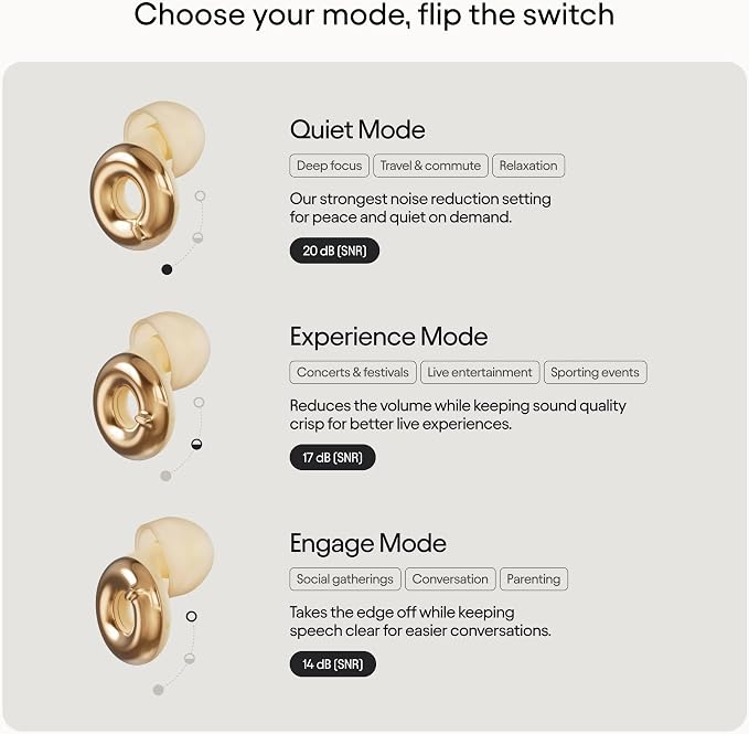 Loop Switch 2 Adjustable Ear Plugs - 3 Modes for Ultimate Control | 20-26dB SNR noise reduction. Flexible fit. For focus, travel, socializing, festivals & more
