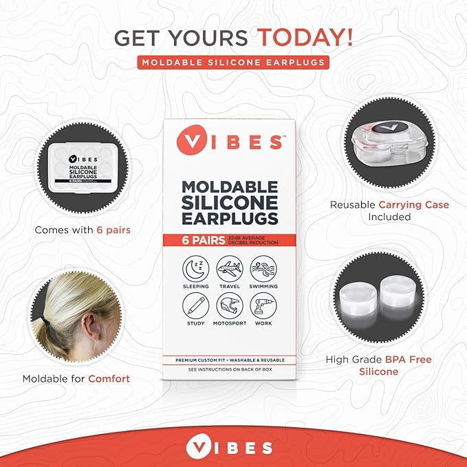 Silicone Ear Plugs - 6 Pairs Vibes Reusable Earplugs For Sleep, Custom Waterproof Moldable Gel, 32 dB Best Sound Blocking Earplug, Noise Reduction in Sleeping, Travel, Swimming, Studying, Construction