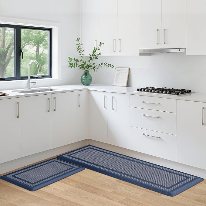 KitchenClouds [2 PCS Kitchen Rugs Cushioned Anti-Fatigue Kitchen Mats for Floor Waterproof Kitchen Rug Set Non-Slip Comfort Standing Mat for Office, Sink, Laundry 17.3"×29"+17.3"×47",Blue