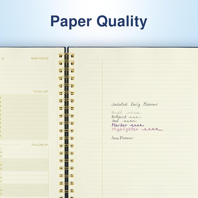 AuroPlanner Undated Daily Planner To Do List Hourly Schedule 2028 2027 2026 Calendar & Holiday Habit Tracker 180 Pages Letter Size 8.5" x 11" Sheets Hardcover Spiral Bound Notebook (Navy Blue)
