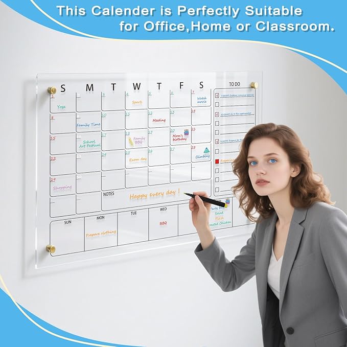 IJIJIJ- 36×24” Clear Acrylic Calendar for Wall, Acrylic Wall Calendar Dry Erase Board, Reusable Monthly Whiteboard, Family Planner for Wall with 8-Color Markers, Perfect for Home, Office & Classroom