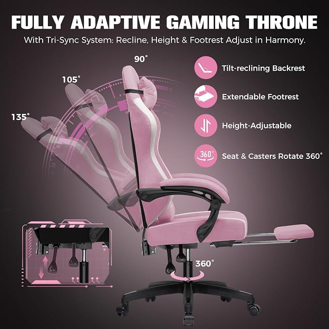 GTPLAYER Big and Tall Gaming Chair 350lbs Heavy Duty Office Chair with Foot Rest, High Back Pocket Spring Ergonomic Computer Chair for Adults, Wide Comfy Seated Cushion with Linkage Armrests, Pink