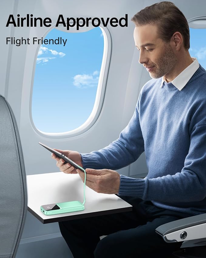 Portable Charger with Built in Cable - 20000mAh Fast Charging Power Bank USB C Slim 22.5W LED Display Battery Pack 5 Outputs & 3 Inputs for Travel Essentials iPhone Samsung Android Phones Tablets Cyan