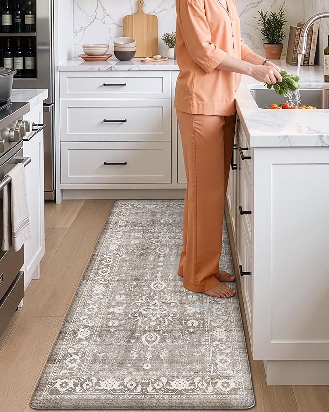 DEXI Kitchen Floor Mats Cushioned Anti Fatigue, 23x59 Long Wide Standing Comfort Runner Rug, Waterproof Retro Floral Memory Foam Padded for Front Sink Laundry, Grey Floral