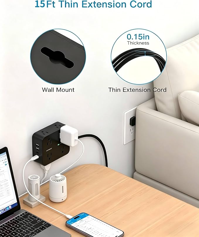 HANYCONY Surge Protector Power Strip 15 Ft, Flat Plug Extension Cord with 8 Outlets and 4 USB Ports(2 USB C), Wall Mount Outlet Extender Charging Station for Home Office Desk Essentials, Black