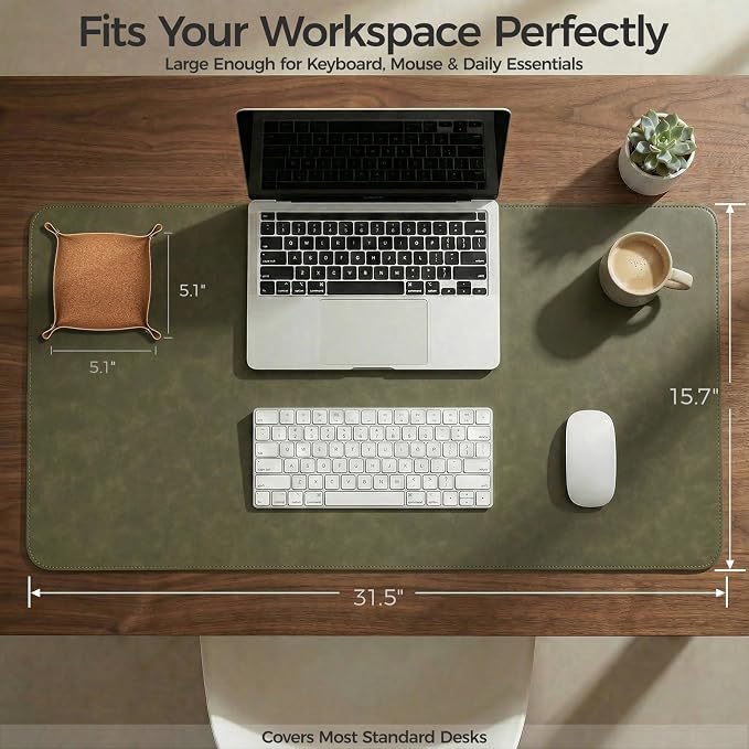 Premium Faux Leather Desk Mat & Tray Set,Innovative Cork-Look Printed Base,Gift Tube Packaging,Full-Desk Coverage,Non-Slip Desk Pad for Office Home(Olive Green)