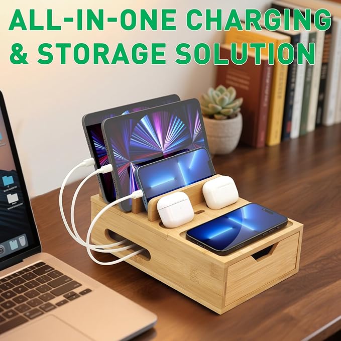 Bamboo Charging Station for Multiple Devices, Desktop Wood Charger Organizer with Drawer & Tray -Included 6 Cables, Compatible with Multi Devices, Cell Phone, Tablet, Earphones (No USB Charger)