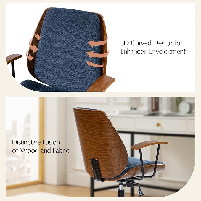 HULALA HOME Solid Wood Office Chair with Tilt Function & Metal Base, Navy | Mid Century Modern Desk Chair with Bent Wood Frame, 360° Swivel Fabric Computer Task Chair, Height Adjustable