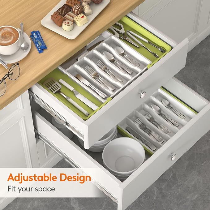 Lifewit Silverware Drawer Organizer, Expandable Utensil Tray for Kitchen, BPA Free Flatware and Cutlery Holder, Adjustable Plastic Storage for Spoons Forks Knives, 13-22 x 15", Green&White