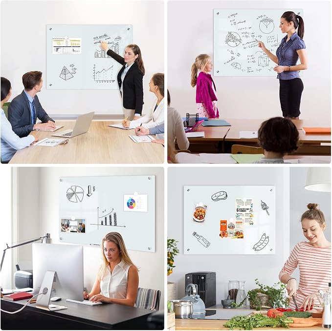 Magnetic Glass Whiteboard, 8' x 4', Frameless Wall Mount, Normal White | 96" x 48", Large Glass Dry Erase Board for Wall, Includes 1 Marker Tray, 10 Magnets, White Board for Office, Home, Classroom