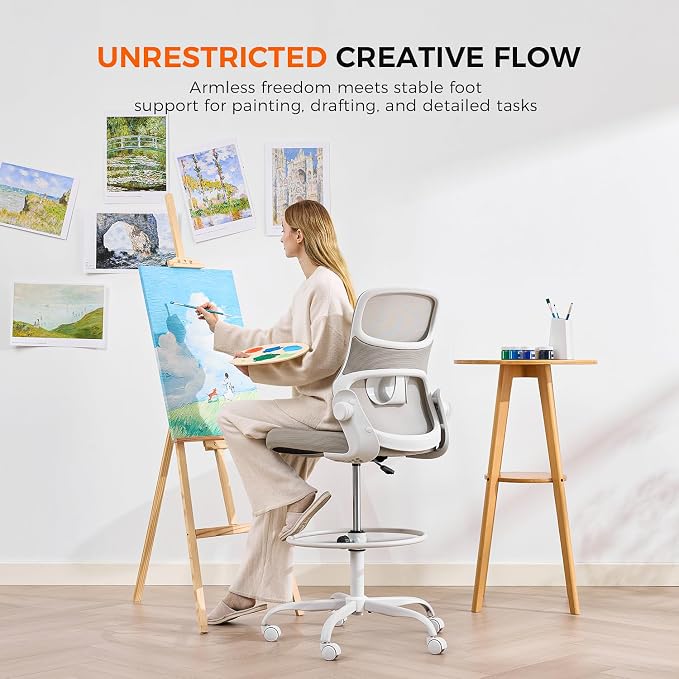 Armless Drafting Chair, Tall Office Chair for Standing Desks | A foot ring steadies legs through crafting and studio projects; breathable lumbar mesh and silent casters fit compact spaces.