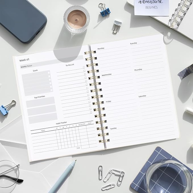 LONLAT Undated Weekly and Monthly Planner Spiral Bound- Weekly Goals Notebook, To Do List, Habit Tracker Journal, Academic, Aesthetic, Stylish School or Office Supplies (6.1" x 8.4" - Cream)