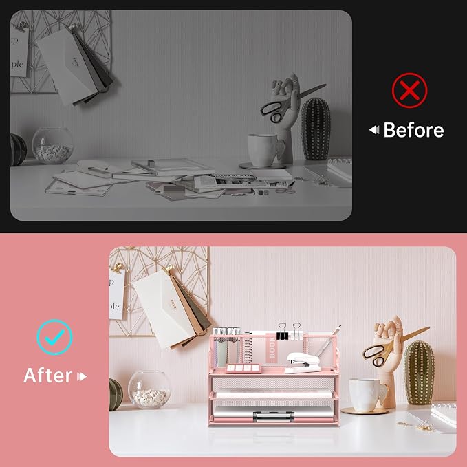 3-Tier Desk Organizer with Pen Holder and Handles, Paper Organizer, Pink | Desk Organizer and Paper Organizer for Desk with Pen Holder, Paper Trays and Handles for Files, Mail and Office Supplies
