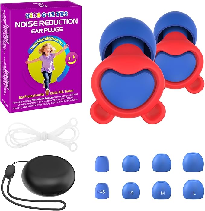 Kids Noise Reduction Ear Plugs(6+yrs) – Reusable Child Ear Protection for Sensitive Ears, Comfortable Earplugs for School, Travel, Focus, Concert, Sleep & Loud Events – 4 Sizes Ear Tips, 26dB,RDBU