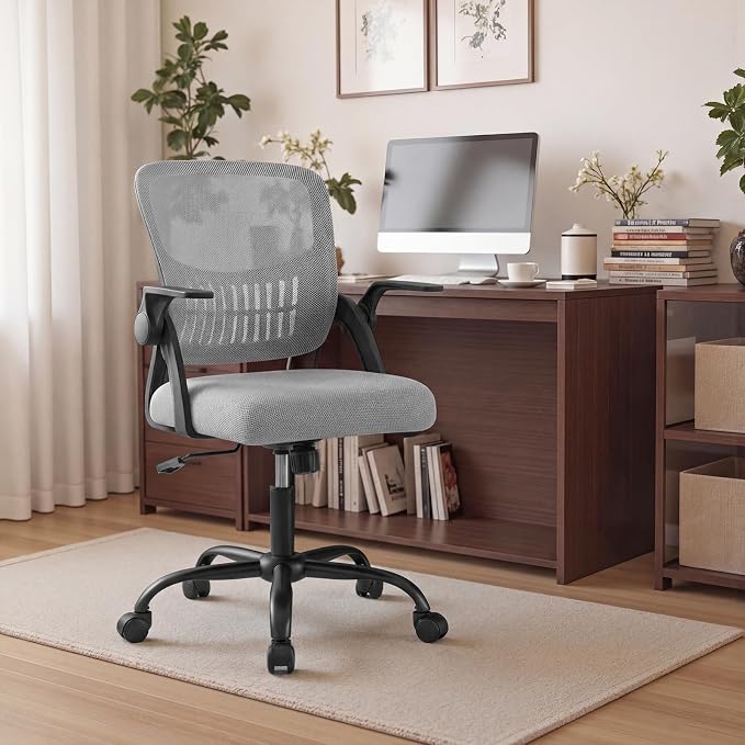 OLIXIS Ergonomic Office Desk Chair, Executive Mid-Back Computer Chair with Comfortable Lumbar Support & Rocking Mode, Height Adjustable with Flip-up Armrest, 360ยฐ Swivel, for Adults, Grey