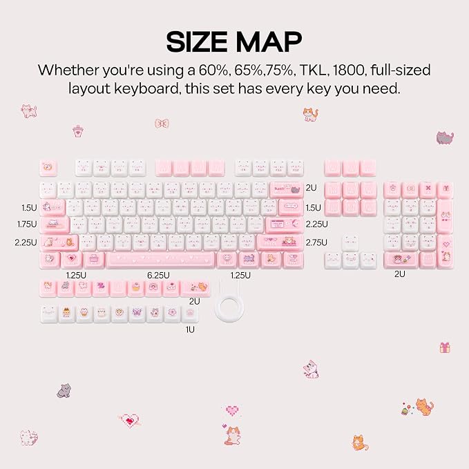 KiiBOOM Cute Cat Keycaps Set, Mao Profile, PBT/PC Keycap for MX Switches Mechanical Keyboard, Compatible with 60%, 65%, 75%, TKL, 96%, Full-Sized Layout (Mewsic)