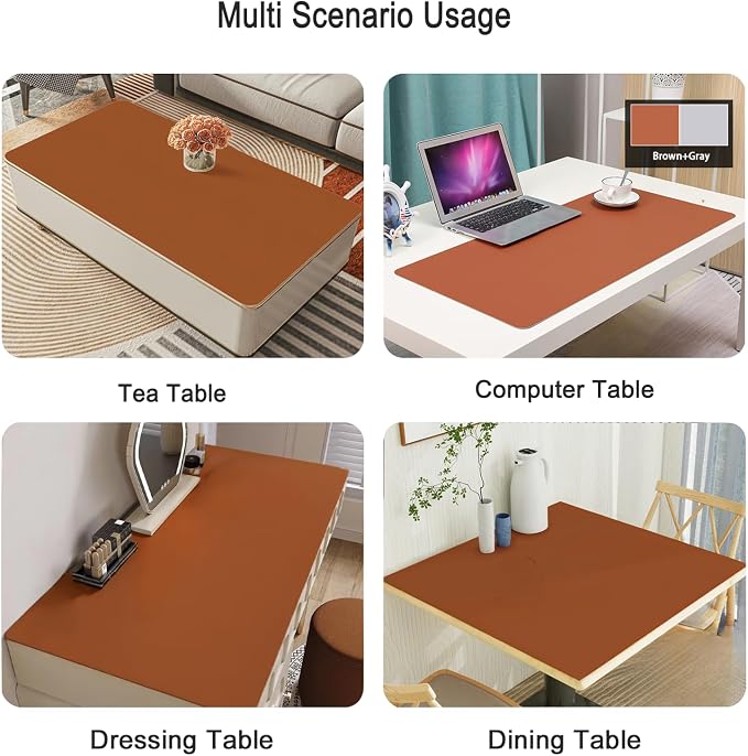 1.8mm Thick Leather Table Protector - Heavy Duty Waterproof Desk Cover for Dining,Coffee Table, Nightstand, Dresser Top Non-Slip Scratch Resistant Surface, 16x36 Inch (Brown+Gray)