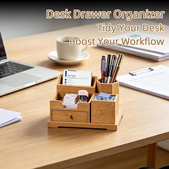 Bamboo Desk Organizer with Drawer & Pen Holder, Office Desk Caddy Storage | Natural Bamboo Wooden Desk Organizers and Accessories with Drawers Multi-Compartment Desktop Storage for Office Home Supplies