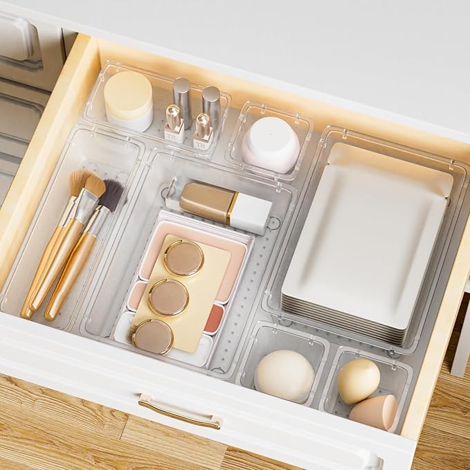 SpaceHacks 15 PCS Clear Plastic Drawer Organizer Set, 4-Size Acrylic Drawer Storage Trays, Storage Bins for Makeup, Gadgets, and Jewelry in Bathroom, Bedroom and Office, Clear