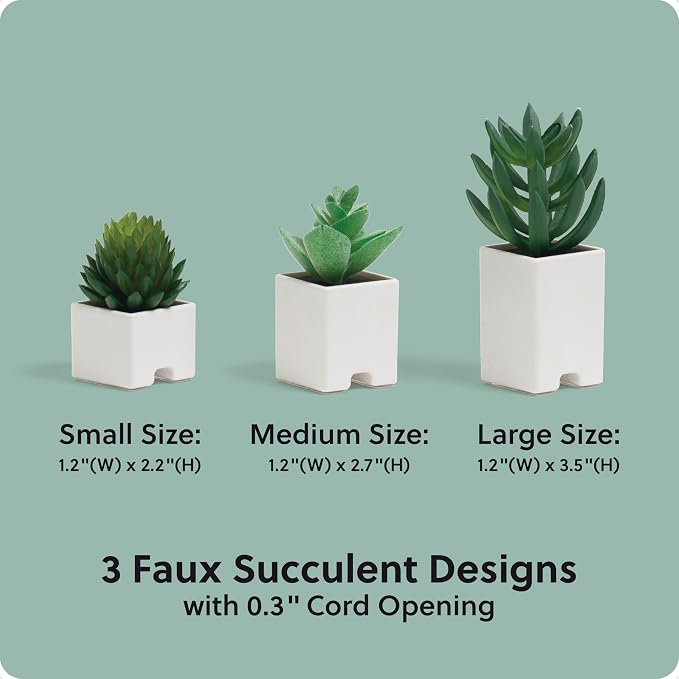 U Brands Adhesive Faux Succulent Cord Organizers, Set of 3, Assorted Colors